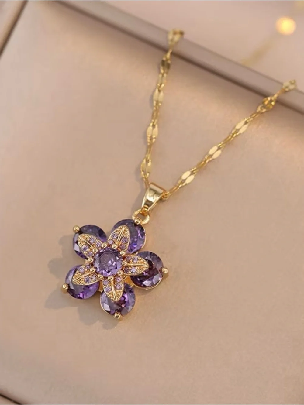 Gorgeous Gold and Purple Gemstone Flower Pendant Necklace - Picture 7 of 8